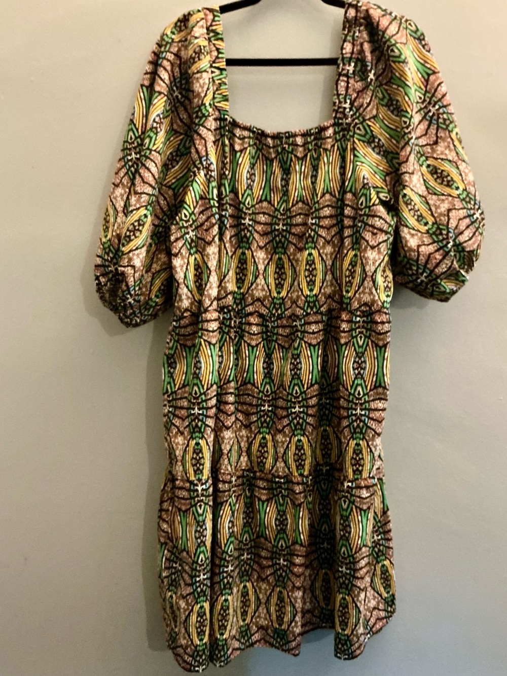 Mlle Gabrielle 3X African Print Smocked Cotton Puff Sleeve Dress